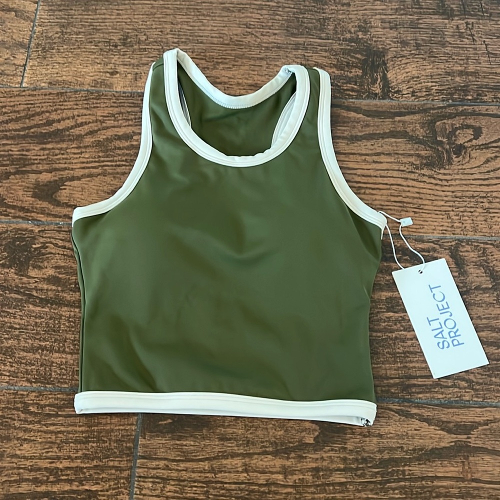Salt Project Olive Cream Sculpt Borderline Sports Bra Athletic Crop Tank Top NWT - Picture 5 of 11